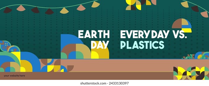 Earth day horizontal banner. Modern geometric abstract background in environmental colors for Earth Day. Happy Earth Day vector illustration for awareness together in using plastic