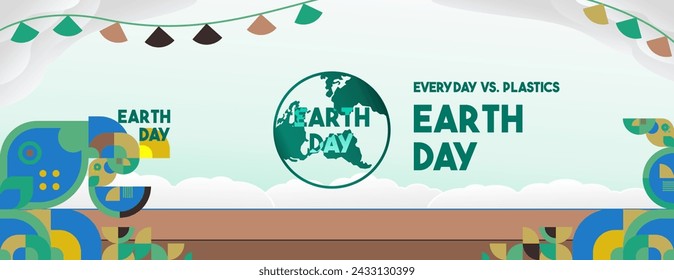 Earth day horizontal banner. Modern geometric abstract background in environmental colors for Earth Day. Happy Earth Day vector illustration for awareness together in using plastic