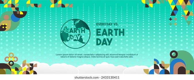 Earth day horizontal banner. Modern geometric abstract background in environmental colors for Earth Day. Happy Earth Day vector illustration for awareness together in using plastic
