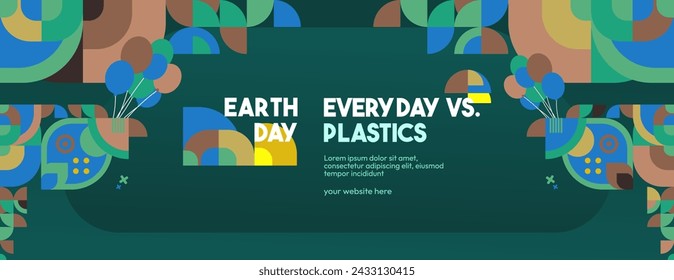 Earth day horizontal banner. Modern geometric abstract background in environmental colors for Earth Day. Happy Earth Day vector illustration for awareness together in using plastic