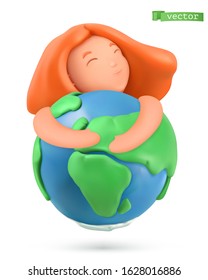 Earth day icon. Little girl hugs the planet. 3d vector object. Handmade plasticine art illustration