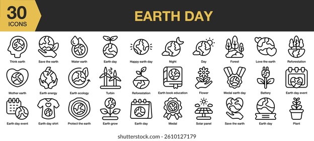 Earth Day icon set. Includes earth, environment, nature, green, day, ecology, and More. Outline icons vector collection.