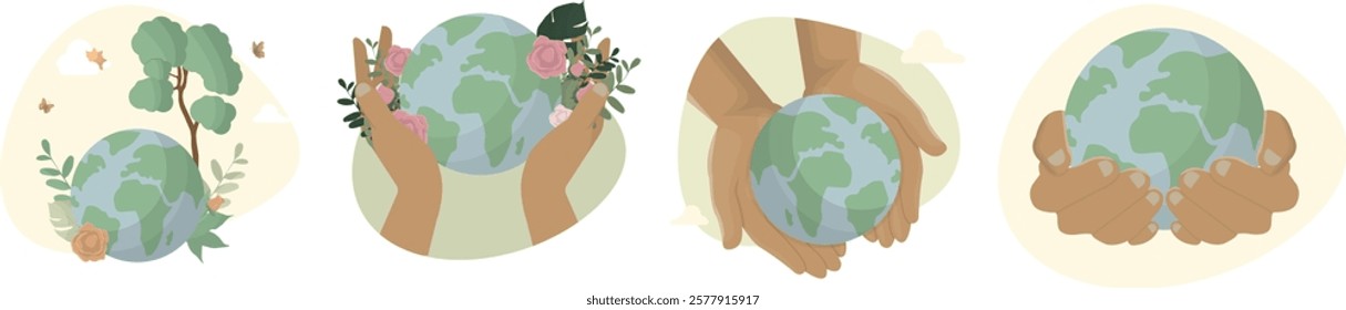 Earth Day Icon Set isolated on transparent background. Earth day concept. Hands and nature elements. graphic and web design, business presentation, marketing and print material. Vector illustration.