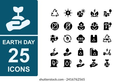 earth day icon set.glyph style,flat.contains factory,fuel,global,pollution,efficiency,co2,efficiency,electricity,electric car.good for application and website