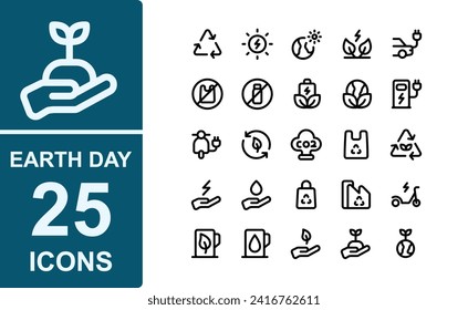 conjunto de iconos del día de la tierra.contorno grueso estilo.contiene ecología, fábrica, combustible, global, co2, eficiencia, electricidad, auto eléctrico, sin plástico, batería, bicicleta eléctrica, gasolina, hojas, plantas árboles.bueno para sitio web.