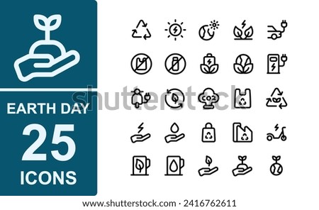 earth day icon set.thick outline style.contains ecology,factory,fuel,global,co2,efficiency,electricity,electric car,no plastic,battery,electric bicycle,petrol,leaves,,plant Trees.good for website.