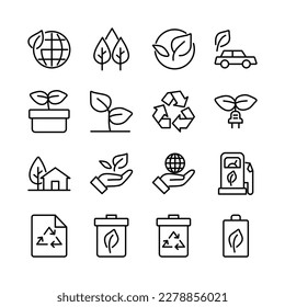 earth day icon vector set, simple line art symbols