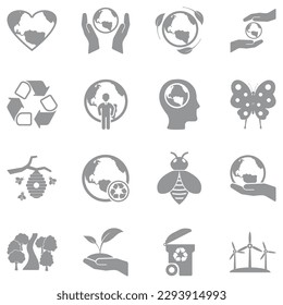 Earth Day Icons. Gray Flat Design. Vector Illustration.
