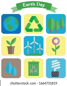 Earth Day icons to use for infographics. Includes earth, recycle symbol, various trees, plant in pot, windmills, flower, water drops, recycle bin and light bulb. For Marketing, reports, email, web