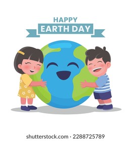 earth day - illustration of boy and girl hugging earth, editable vector