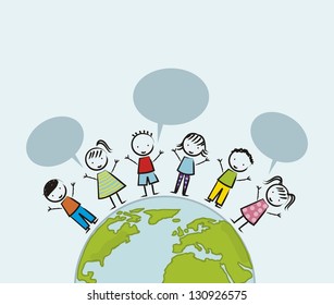 earth day illustration with children over blue background. vector