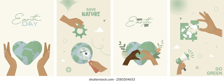 Earth Day Illustration Collection. Set of four Earth Day posters featuring hands interacting with globe. Environmental posters set. Love and nature. Flat style. Vector illustration.