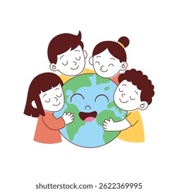 Earth day. Illustration of cute little children hugging a globe to signify that we must love the earth and take care of it