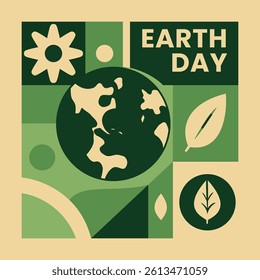 Earth Day Illustration with Eco Elements. Flat Earth Day illustration with planet, leaves, and eco icons in green tones. Perfect for environmental and sustainability themes.