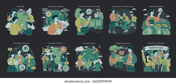Earth Day illustration emphasizes the importance of environmental awareness and sustainable practices. It highlights community involvement, wildlife protection, and proactive steps toward a cleaner