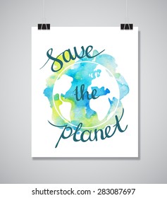 Earth day illustration with hand drawn watercolor planet.