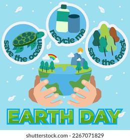 earth day. illustration of a hand holding half of the earth with three quotes. illustration of save the ocean, recycle me, and save the forest isolated on blue background.