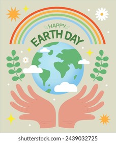 Earth day illustration with hands holding earth and plants