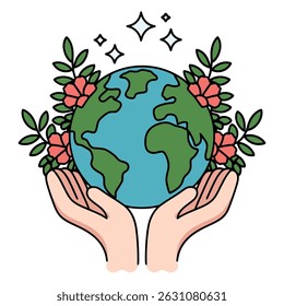 Earth Day Illustration with Hands Holding Planet and Flowers