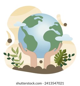 Earth Day illustration. Earth, hands, plant. Editable vector graphic design.