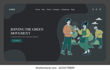 Earth Day illustration highlighting individuals engaging in eco-friendly activities. The scene unfolds with people planting trees, showcasing community commitment to environmental sustainability and
