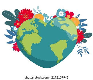 Earth Day illustration with Planet In the Heart with flowers. World map background on april 22 environment concept. Vector design for banner, poster or greeting card. Vector illustration