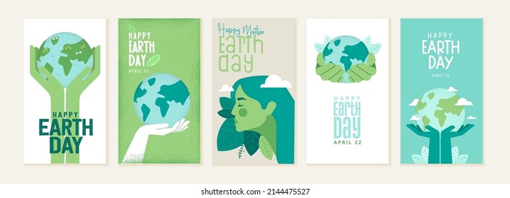 Conjunto de ilustraciones del Día de la Tierra. Conceptos vectores para diseño gráfico y web, presentación de negocios, marketing y material impreso. Día Internacional de la Madre Tierra. Ecología y protección ambiental.