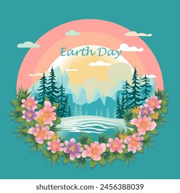 Earth Day illustration with spring flower on blue background. Postcard design.
