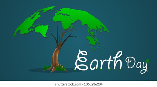 Earth Day illustration. A tree growing in the shape of a world globe earth. Tree shaped World map. Happy Earth Day. Earth day Concept.