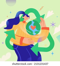 Earth day illustration of a woman holding a planet in hand with love and care. Concept of recycling and saving the planet for the next generation.