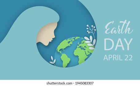 Earth day illustration of woman silhouette with planet Earth, flowers and herbs. Ecology, World Environment day, Mother nature care concept. Vector illustration in 3d paper cut and art style