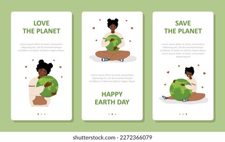 Earth day illustrations. Set of vector posters. Cute african girl hugs Planet with care and love. Perfect for web design, business presentation, marketing and social media.
