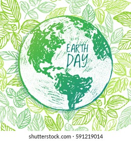 Earth Day ink hand drawn illustration with globe on green background