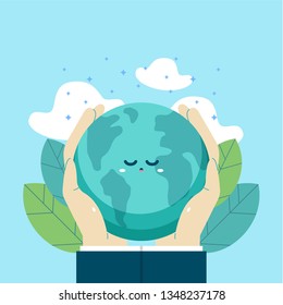 Día Internacional de la Conciencia del Día de la Tierra. La mano humana cuida la tierra del planeta lindo. Diseño vectorial plano para campañas, afiches, web, móviles, publicaciones en medios sociales. 