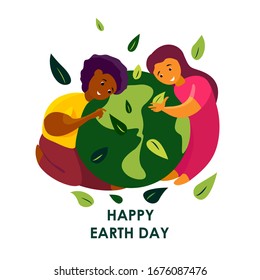 Earth Day International Holiday. Children African Boy and Girl Hug Flowered Globe,Care of Planet.Saving Healthy Nature,Energy,Earth Hour. Environment Friendly,Ecology Support Concept.Flat Illustration