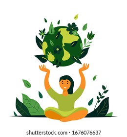 Earth Day International Holiday.Young Smiling Girl put Hands up to Planet Globe.Caring,Loving Woman.Save Healthy Green Nature,Energy, Ecology Support. Environment Friendly Concept. Vector Illustration