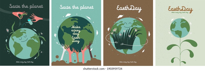 Día de la Tierra. Día Internacional de la Madre Tierra. Problemas ambientales y protección ambiental. Ilustración vectorial. Cuidando de la Naturaleza. Conjunto de ilustraciones vectoriales