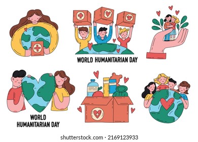 
Earth Day. International Mother Earth Day and Humanitarian Day. Caring for nature and people. Set of vector hand drawn flat illustrations.