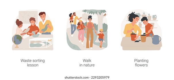 Earth Day isolated cartoon vector illustration set. Waste sorting lesson, recycling workshop, happy family walk in nature, plant flower with child, Earth Day environmental activity vector cartoon.