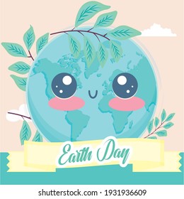 Earth day kawaii illustration. Happy planet earth cartoon with leaves - Vector