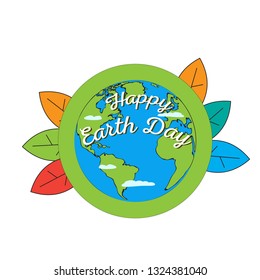 Earth day label with leaves and planet. Vector illustration design