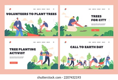 Conjunto de plantillas de la página de aterrizaje del Día de la Tierra. Personajes voluntarios Plantan Árboles. Gente trabajando en Jardín, Medio Ambiente Mundial, Reforestación, Salvar el Planeta, Concepto de Restauración Forestal. Ilustración del vector de dibujos animados