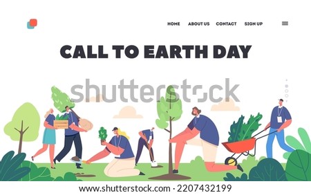 Earth Day Landing Page Template. Volunteer Characters Planting Trees. People Working in Garden, World Environment, Reforestation, Save Planet, Forest Restoration Concept. Cartoon Vector Illustration