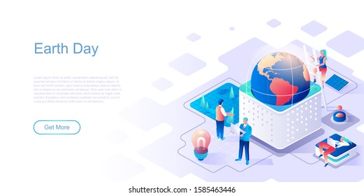 Earth Day landing page vector template. Annual eco event celebration website header UI layout with isometric illustration. Environment protection, saving nature web banner isometry concept