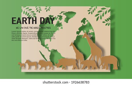 Earth Day, A Landscape Of Wild Animals, Save The Planet And Energy Concept, Paper Illustration, And 3d Paper.