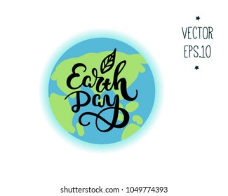 earth day lettering with leaf. black and white isolated illustration. planet