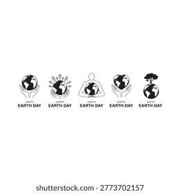 Earth day line art set with hands holding globe and leaves
