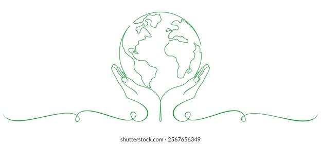 Earth Day line art style. Globe with Hands in simple linear style. Line vector elements