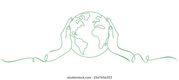 Earth Day line art style. Globe with Hands in simple linear style. Line vector elements