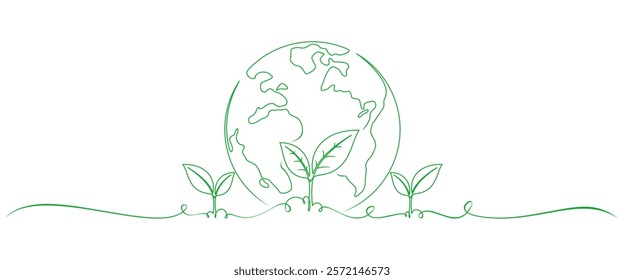 Earth Day line art style. Globe with plants growing in simple linear style. Line vector elements